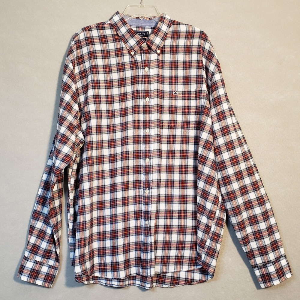 Crown & Ivy Mens XXL Button Down Shirt White Red Plaid Classic Fit Southern